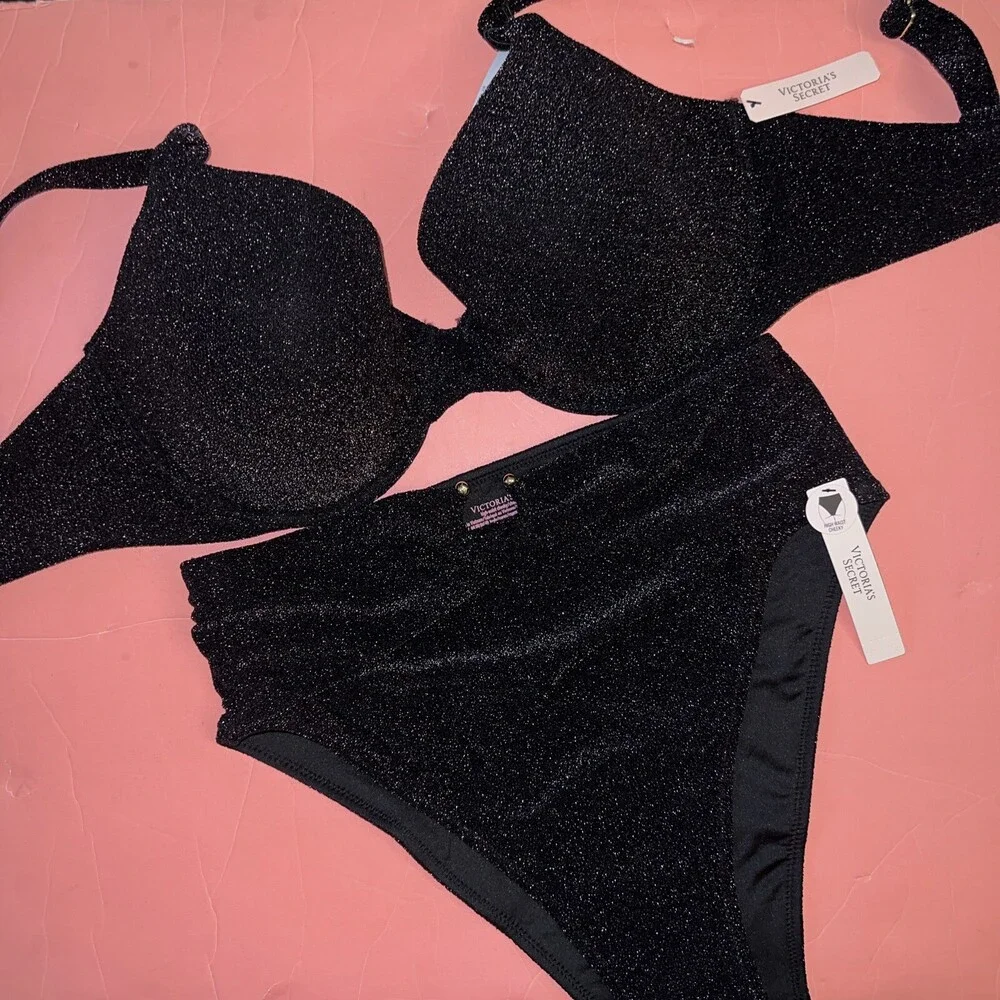 Victoria's Secret 34DD BIKINI M,L High-waist bottom BLACK gold brown SHIMMERY